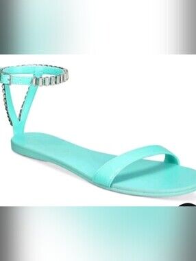 AAJ BY AMINAH Womens Teal Vikyoria Rhinestone Ankle Strap Flat Sandal 7.5 M New